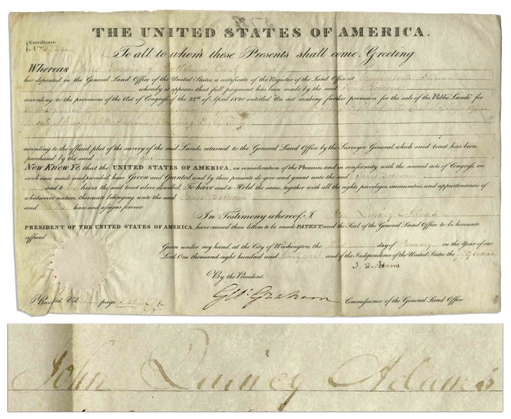 John Quincy Adams Land Grant Signed as President -- Accompanied by Engraving of Adams